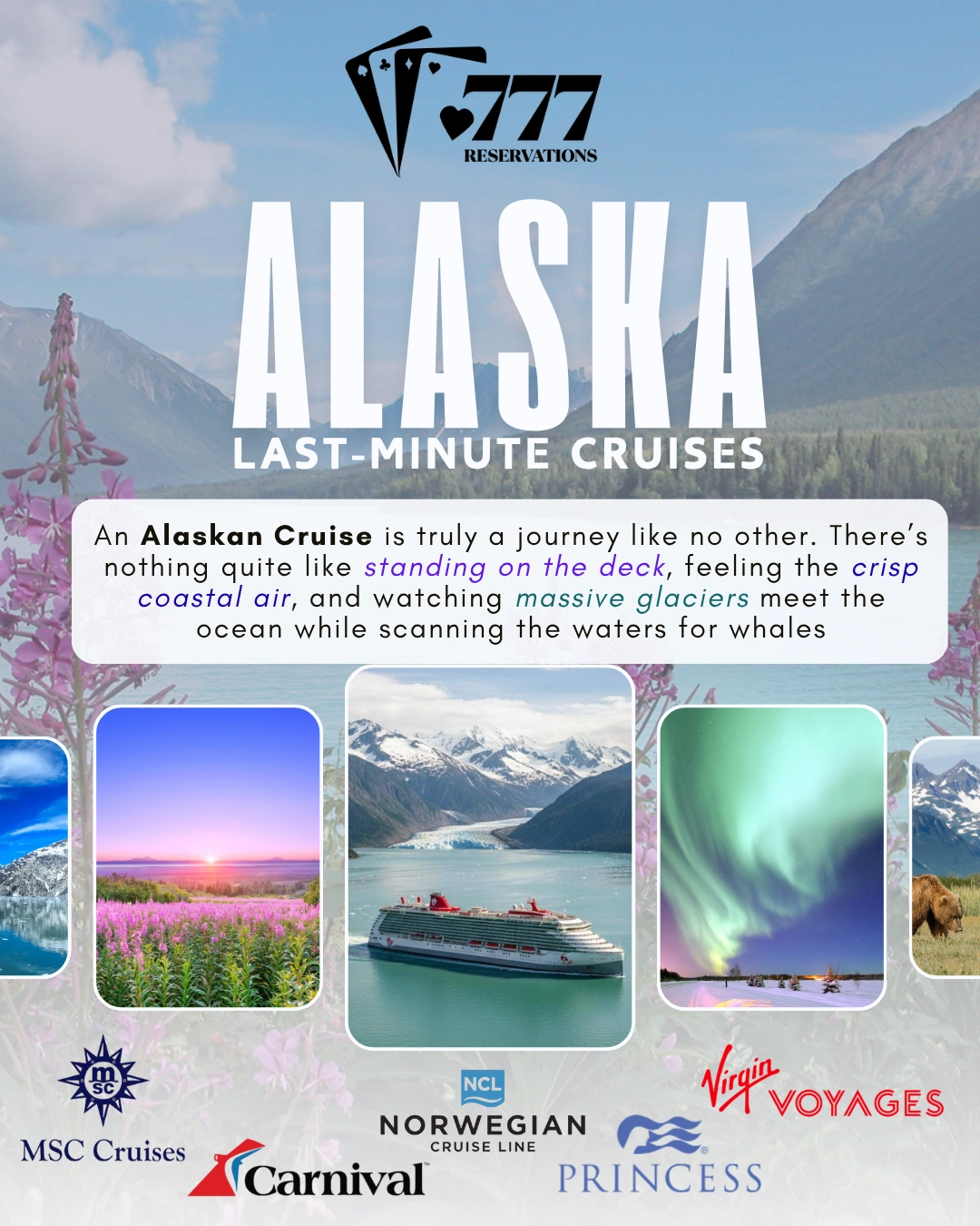 Alaska last-minute cruise ad: ship, glaciers, aurora Alaska last-minute cruise ad: ship, glaciers, aurora