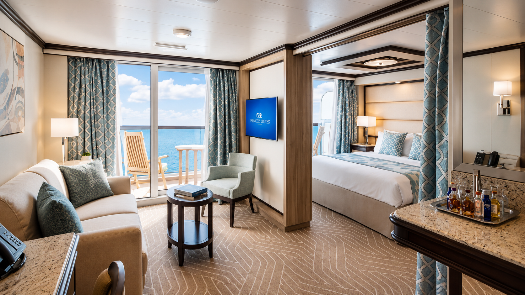 Modern suite interior featuring sea scenery